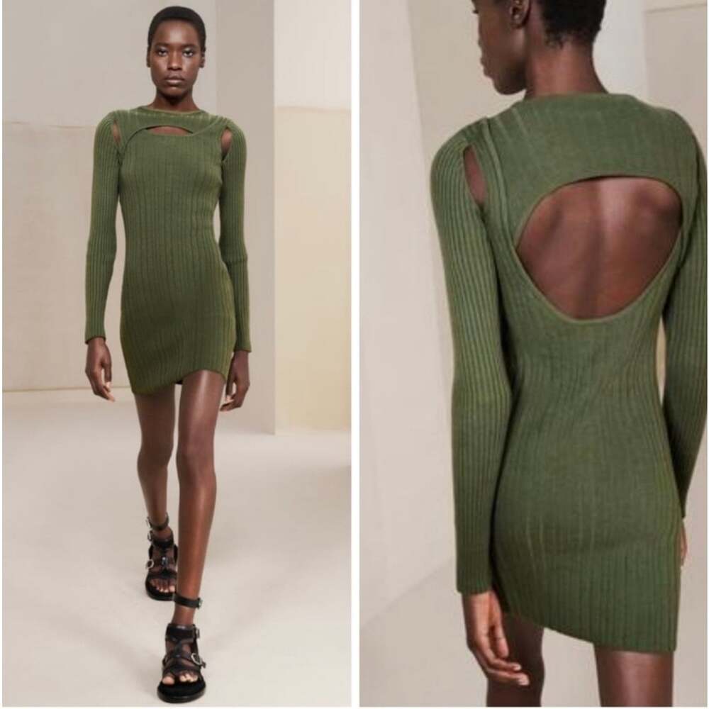 Zara SRPLS Cut Out Ribbed Knit Mini Dress Olive Green Size M Made in Italy